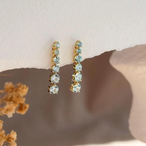 2.25 Ct Round Cut Simulated Aquamarine Drop Earrings In 14k Yellow Gold Plated - Picture 3 of 5