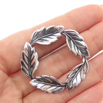 BEAU 925 Sterling Silver Vintage Floral Leaf Circle of Life Oxidized Pin Brooch