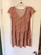 Aéropostale Brown & White Floral V-Neck Short Sleeve Button Tiered Dress S