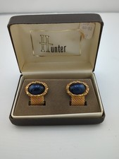 Vintage Hunter Men's Cufflinks Gold Tone Oval Deep Blue Stone Mesh Wrap MSM