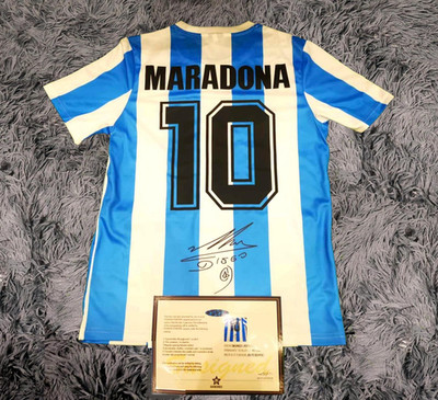 Diego Maradona PRINTED Signature Argentina 1986 Home Jersey- COA - Retro