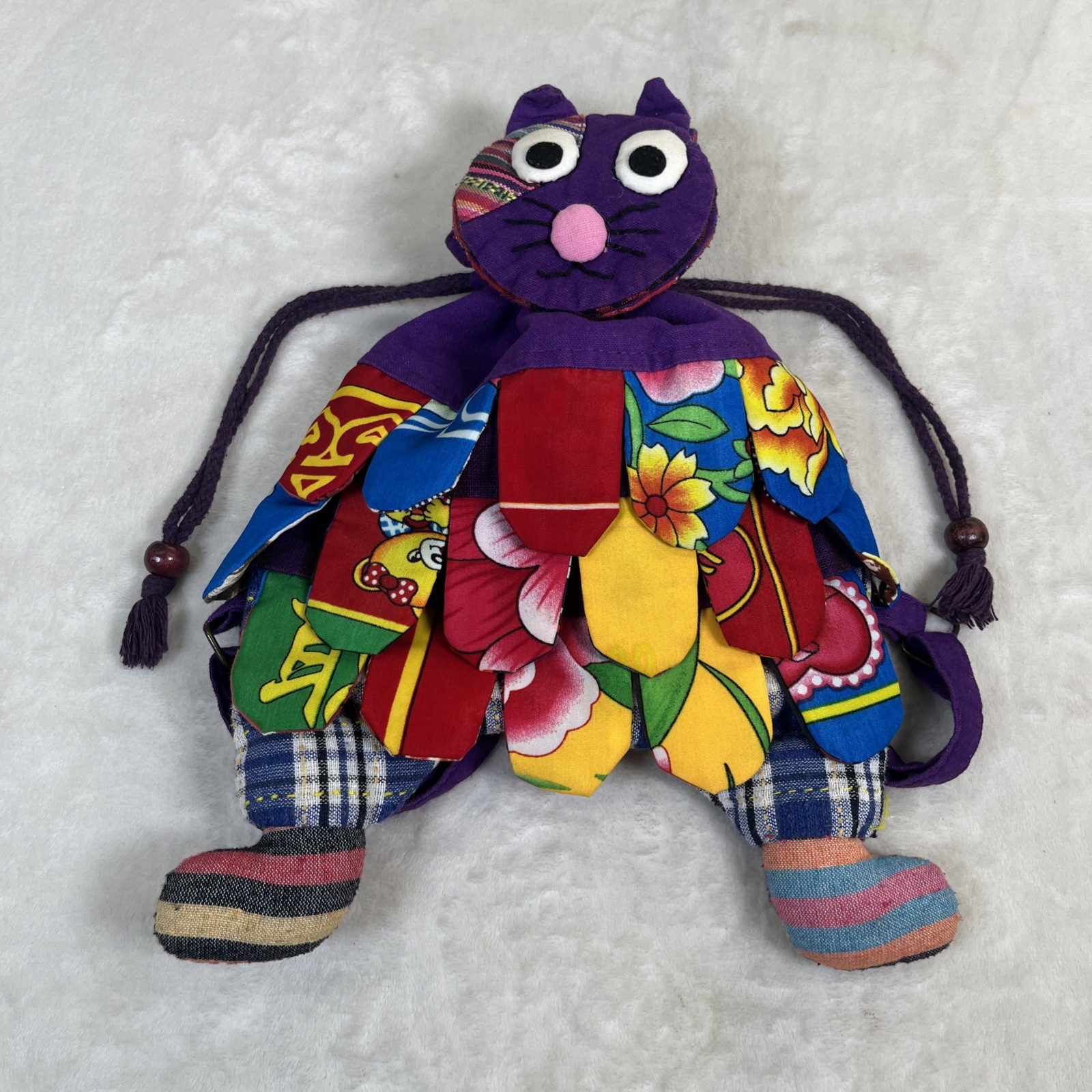 Handmade Patchwork Colorful Cat Drawstring Backpa… - image 4