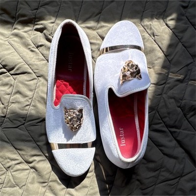 Justar Women's White Slip-On Flats Gold Animal Head Metallic Accents