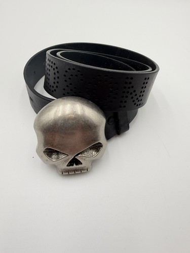 Men’s Harley Davidson Skull Silver Buckle Leather Belt Sz 38