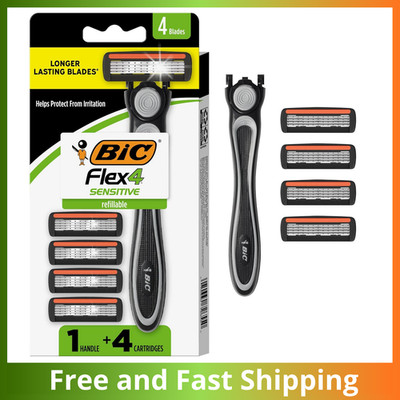 BIC Flex 4 Men's Refillable Razor Handle + 4 Cartridges Sensitive Skin Shaving..