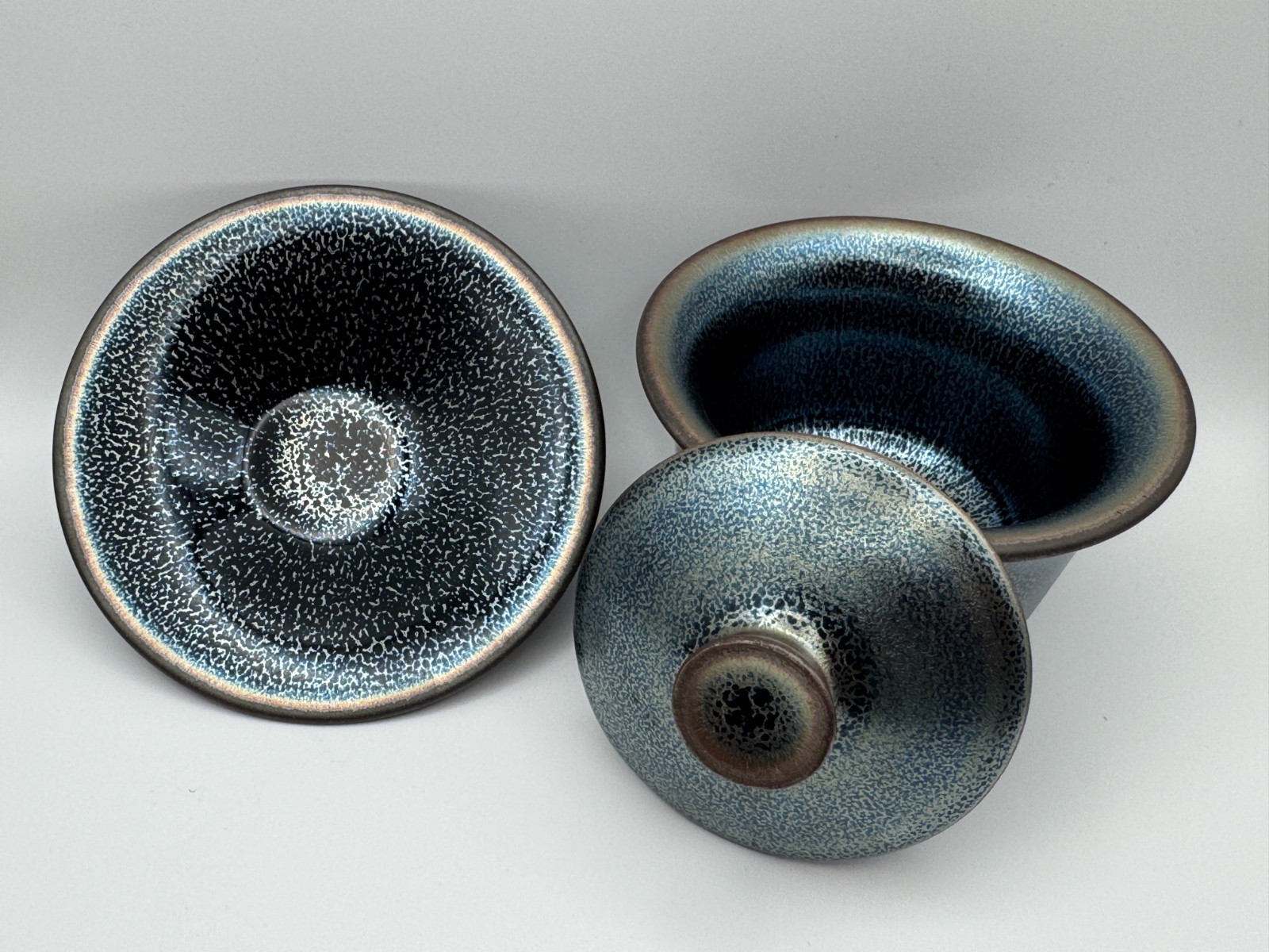 JIAN ZHAN Hand Made 3 PC Gaiwan Blue Silver Rabbit Hair Glaze and Elegant