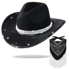 2 Pcs Rhinestone Cowgirl Hat Bling Bandana Glitter Cowboy Hat for Disco Parti...