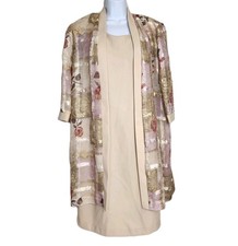 R M Richards Dress Set Sz 14 Beige Floral Sheer Jacket Church Mother Of Bride