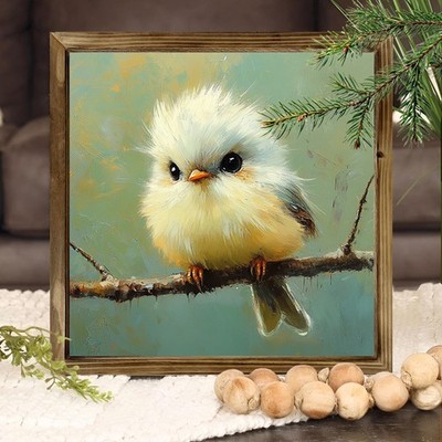 Cute Fluffy Bird Oil Painting Wall Art Rustic Wood Frame Nature Home Decor Gift