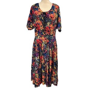 Vintage Together Dress Floral Midi Pleated Lace Up Bodice Size 12 Cottagecore