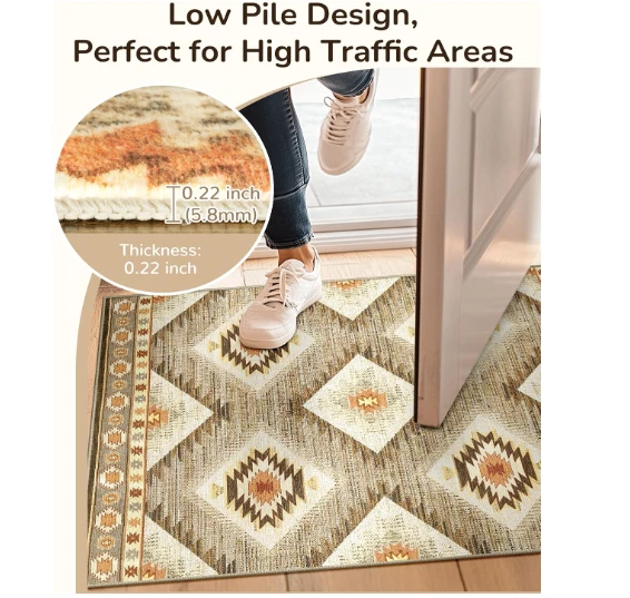 Alfombra zona tribal 150x210cm lavable antideslizante baja felpa crema/camello Foto 3 de 4