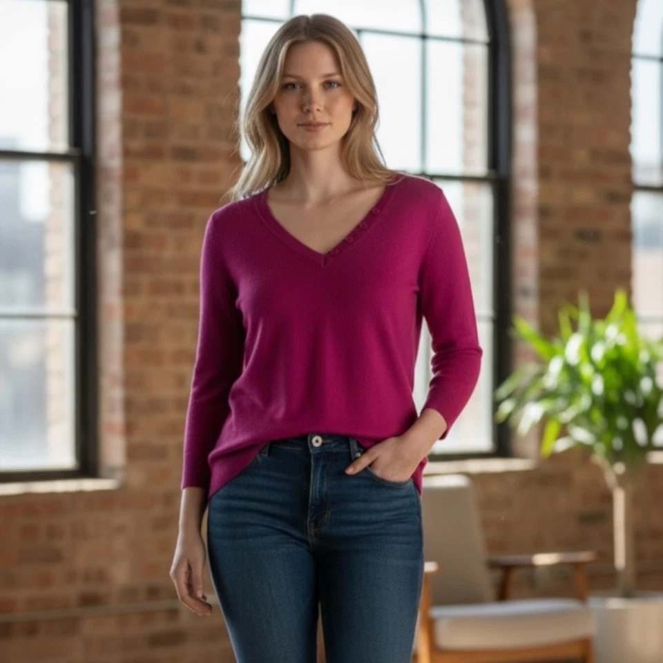 Suéter Top Y2K Para Llevar Talla Pequeña Lux Rosa Cuello en V Tejido Manga 3/4 Informal Preppy Foto 2 de 4