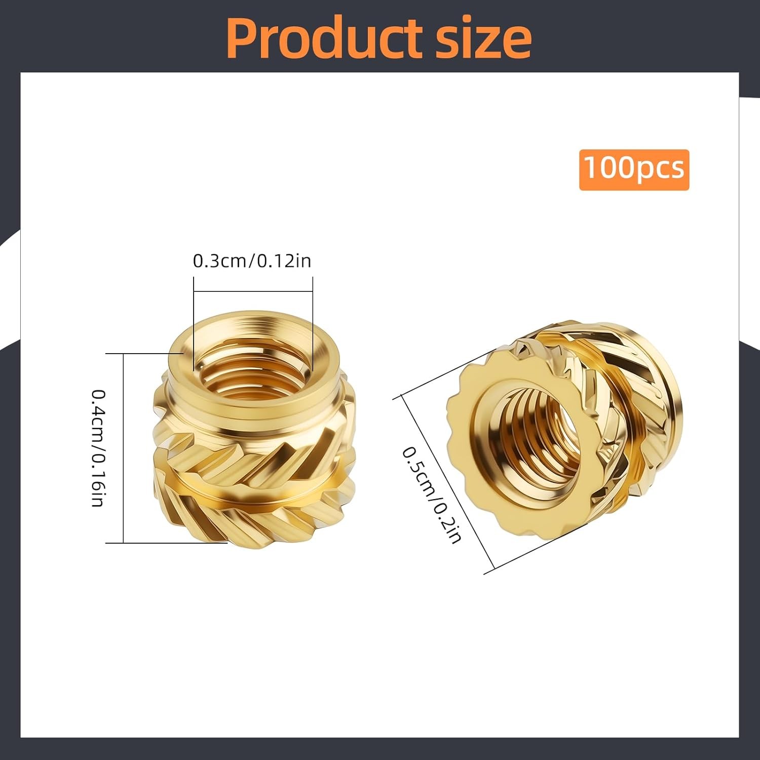 100 PCS M3 Threaded Insert x 4mm x 5mm Heat Set Inserts, 3D Printing Gold 