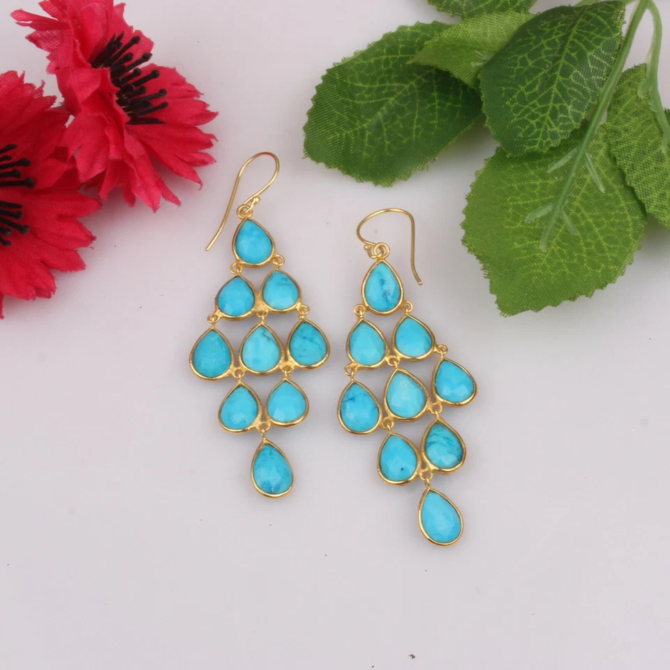 Pendientes araña de boda de plata 925 enchapados en oro de 18 quilates con piedras preciosas de turquesa Foto 3 de 4