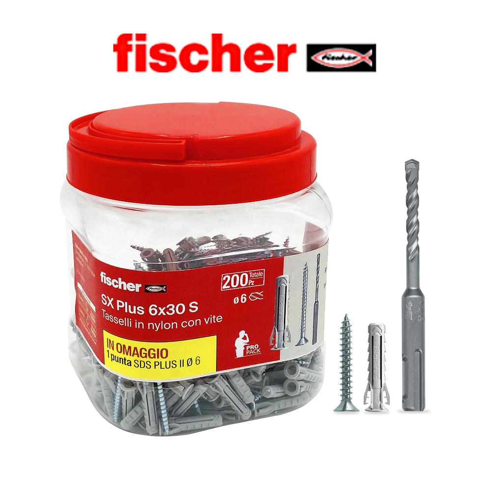 FISCHER Barattolo di 200 tasselli Fischer SX Plus 6x30 S e punta per trapano Ø 6