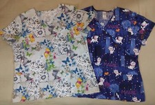2 for 20 Disney Top Pockets Cotton Medical Nursing Short Sleeve V-neck SzLG BL6