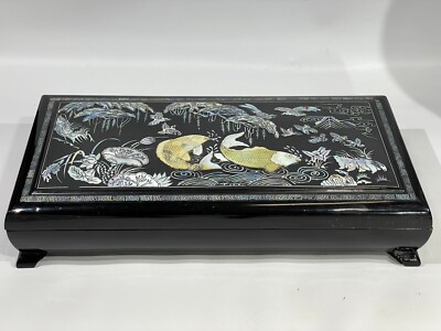 black lacquer box mop inlay koi fish Black Lacquer Mother of Pearl Koi Fish Vintage Card Holder Ash Trey Combo  Box