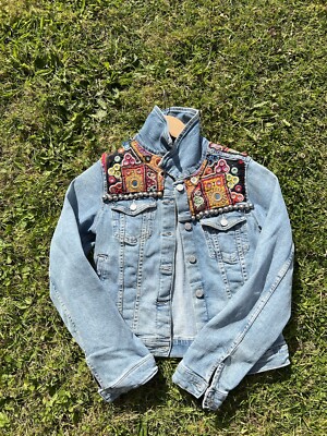 Banjara Festival Boho Upcycled Denim Jacket, Hand Embellished