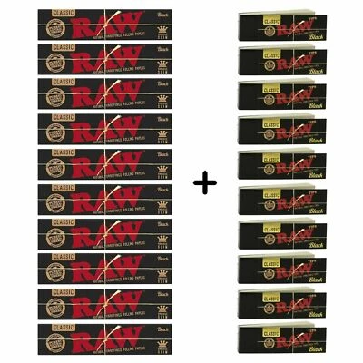 10 x RAW Black Classic King Size Slim Rolling Paper & 10 x RAW Black Filter Tips