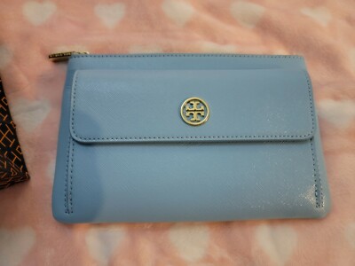 TORY BURCH ROBINSON SAFFIANO LIGHT BLUE LEATHER REVA POUCH CLUTCH