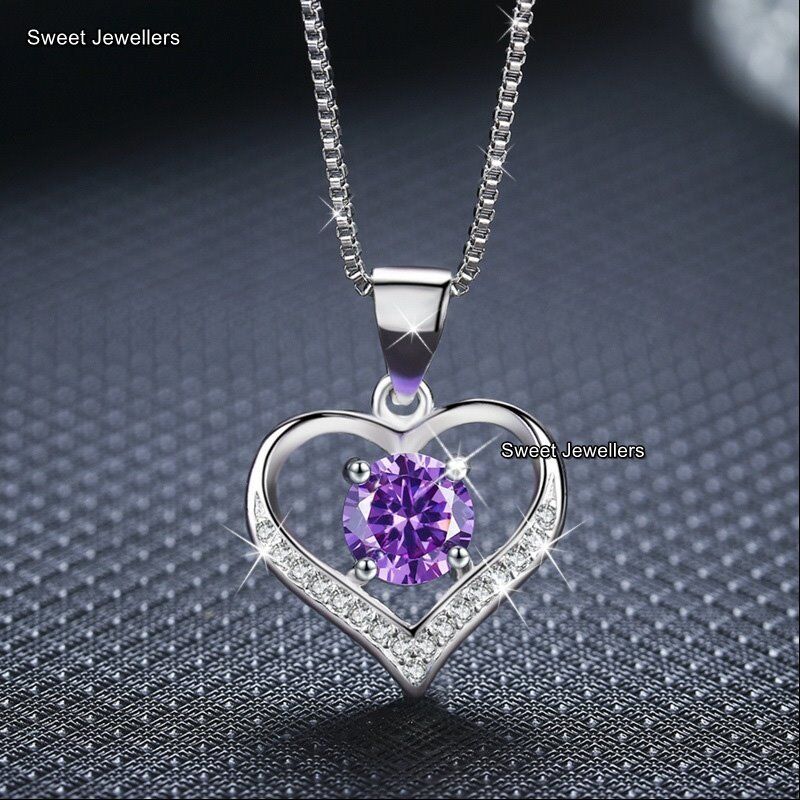 CaratYogi Genuine Amethyst Pendant Sterling Silver For Gift Heart Birthstone Jewelry Bezel Style Necklace 