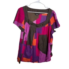 ANA Blouse Women's 2X Shirt Rhinestone Square Neck Colorful Artsy Abstract Shirt