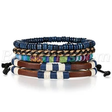 4pcs Mens Handmade Retro Twisted Multilayer Leather Bracelet Cuff Set Adjustable