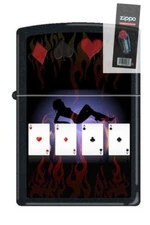 Zippo 9805 poker lady 4 aces black matte DISCONTINUED Rare Lighter + FLINT PACK