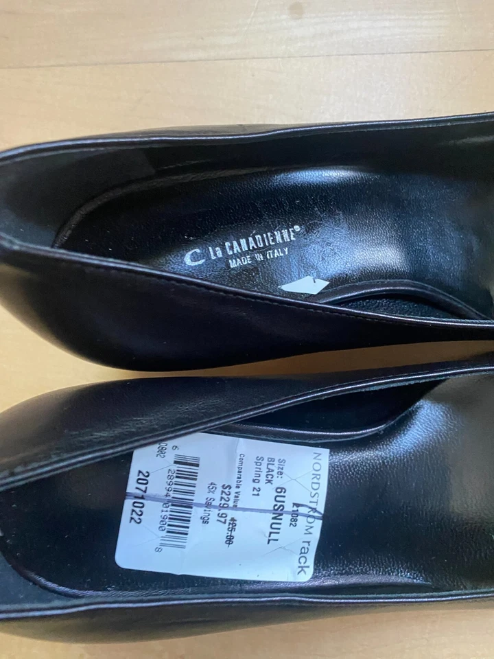 La Canadienne black slip on heels women sz 36.5 square toe FLAW - Image 2 of 4