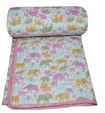 Indian Handmade Geometric Print Small Quilt Reversible Bedspread Cotton Coverlet