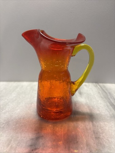 Vintage 5” & 4” Handmade Crackle Art Glass Ruffle Lip Amber & Orange Pitchers - Picture 5 of 8