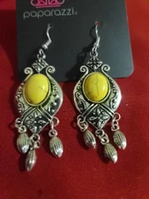 Pretty and Enchanting Yellow Chandelier Style Silver Tone Hook Closure Earrings 