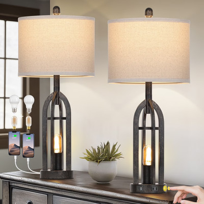 Set of 2 Industrial Table Lamps USB A+C Ports AC Outlet 3 Way Touch Dimmable Gol
