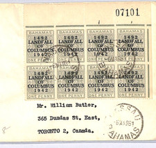 BAHAMAS KGVI Cover 1942/1492 *LANDFALL OF COLUMBUS* 1d CORNER BLOCK{8} Air WM382