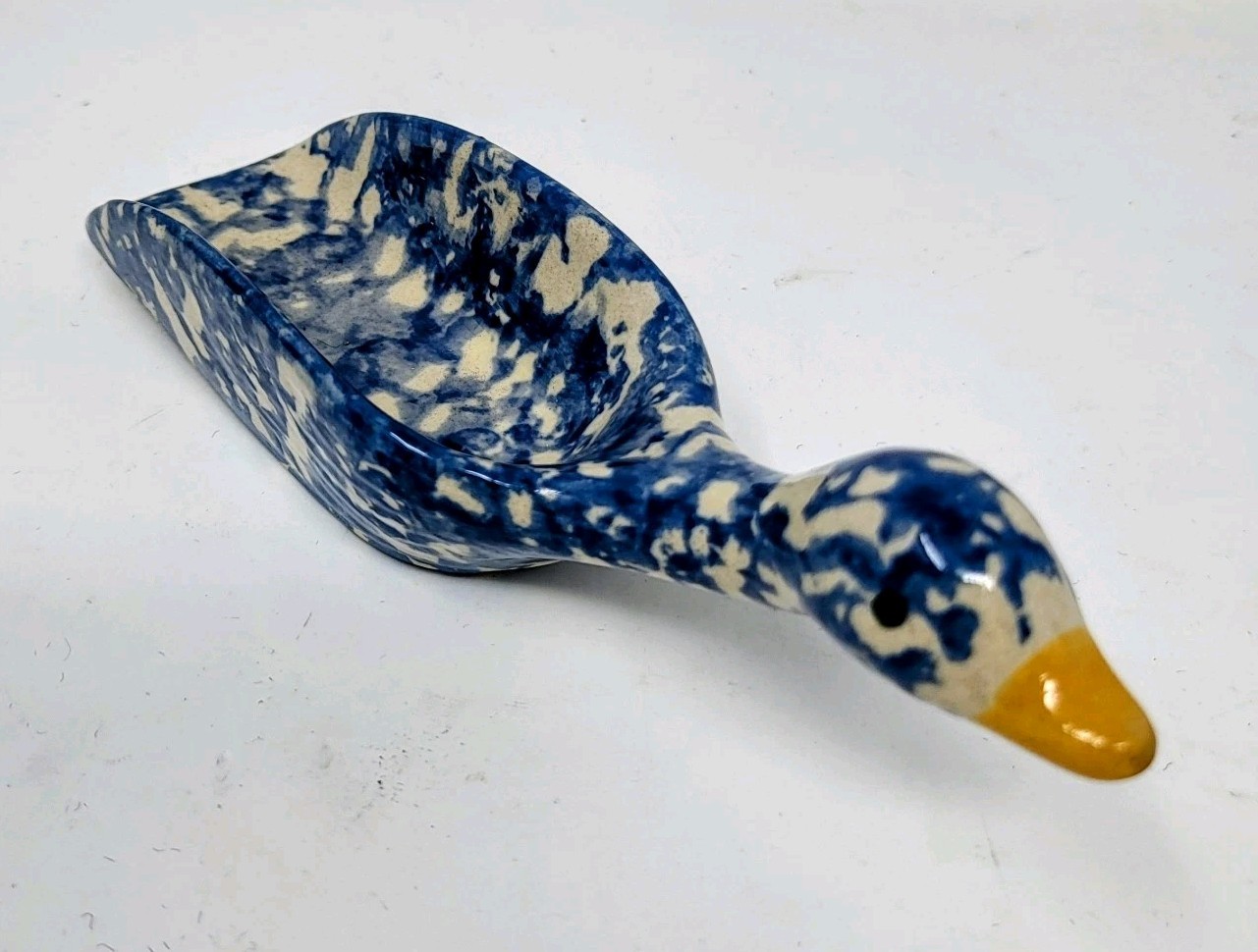 Vintage Blue & White Speckeld Polish  Goose Bird Pottery Scoop