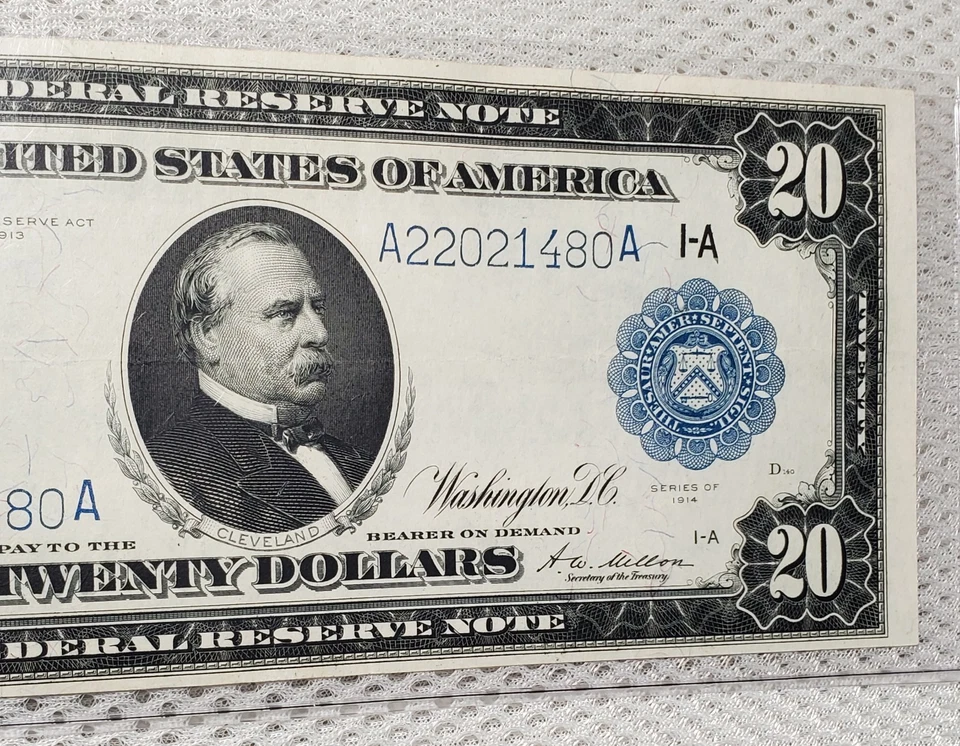 1914 $20 Federal Reserve Note Blue Seal Large Size 1-A Boston Beautiful XF++/AU* - Image 3 of 4