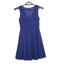 Lulus Bon Appetit Blue Skater Dress Size Small Knit Stretch Fit Flare V-Neck