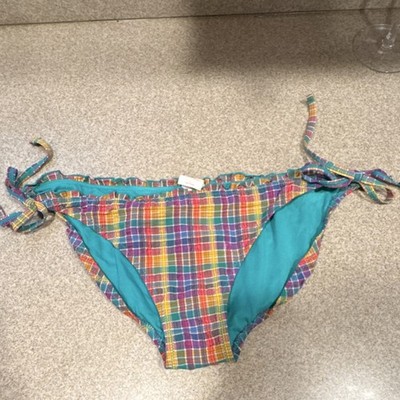 Xhilaration Plaid Side Tie Bikini Swim Bottom Multicolor Turquoise Lined L