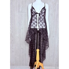 Rare 1970s Shirley of Hollywood lace tie front high low night gown / lingerie lg