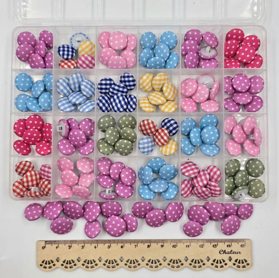 Fabric Covered Shank Buttons Gingham & Dots 16mm-14mm Pink Blue Joblot Craft DIY - Image 2 of 4