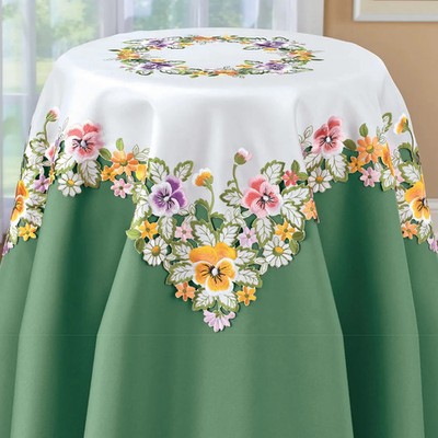 Embroidered Colorful Pansies Spring Intricate Cutwork Square Table Cloth 34''Sq