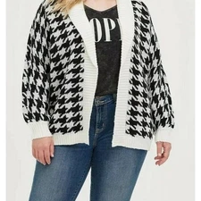 Torrid Plus Black White Houndstooth Shawl Cardigan Ribbed Trim Open Sweater 1X