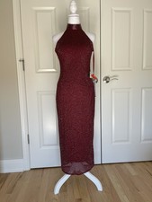 MAC DUGGAL High Neck Halter Midi Dress Size 2 Burgundy New With Tag