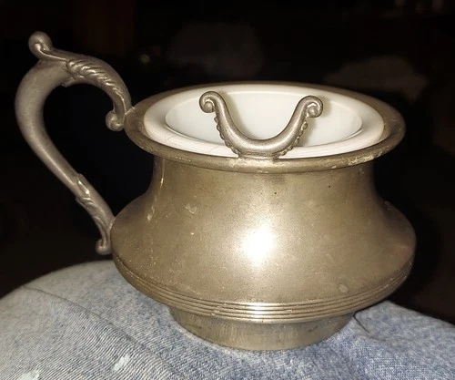 Vintage Rogers Quadruple Silver-Plate Shaving Mug W/ Milk Glass Insert