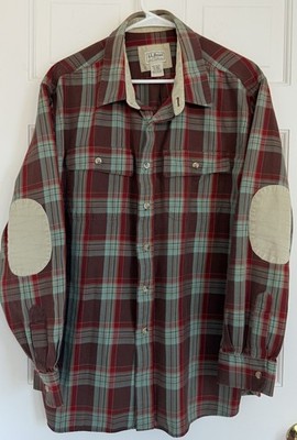 L.L. Bean BRICK SAGE PLAID Button Front Canvas Shirt Elbow Patches Men's  XL Reg