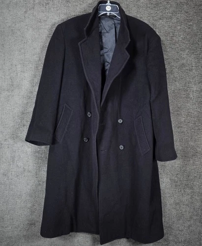 London Fog Mens Double Breasted Overcoat Black Size 42R Long Topcoat Lined - product listing photo