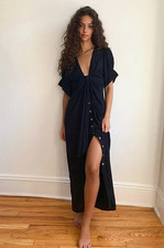 Free People Free-est Vintage Summer Midi Dress Black Button Front Plunge Size L