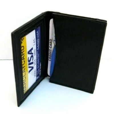 Portefeuille Bifold Fin En Cuir Noir Pour Hommes Avec Porte-Cartes Et ID - Photo 1/4