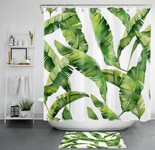 Tropical Watercolor Green Banana Leaves Shower Curtain Bathroom Accessories Set