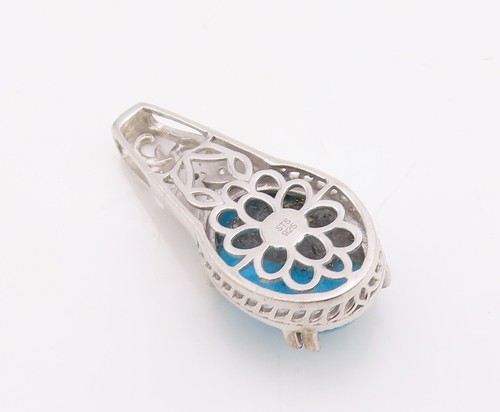 925 Sterling Silver Vintage Pendant Carved Diamonds & Oval Turquoise  PT23506 - Afbeelding 4 van 6